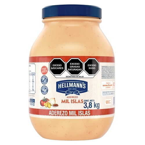 Hellmann's® Aderezo Mil Islas 3,8 Kg - Hellmann’s® Aderezo Mil Islas es ideal para ensaladas, sándwiches, dips y acompañamientos para snacks o entradas Es cremoso* y con trozos de pepinillos. Sin saborizantes artificiales y sin colores artificiales.